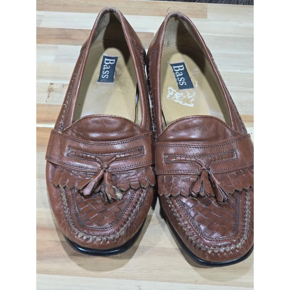 Bass‎ Loafers Woven Leather Tassel Kiltie Slip On 9.5 Brown Dress Shoes Vintage